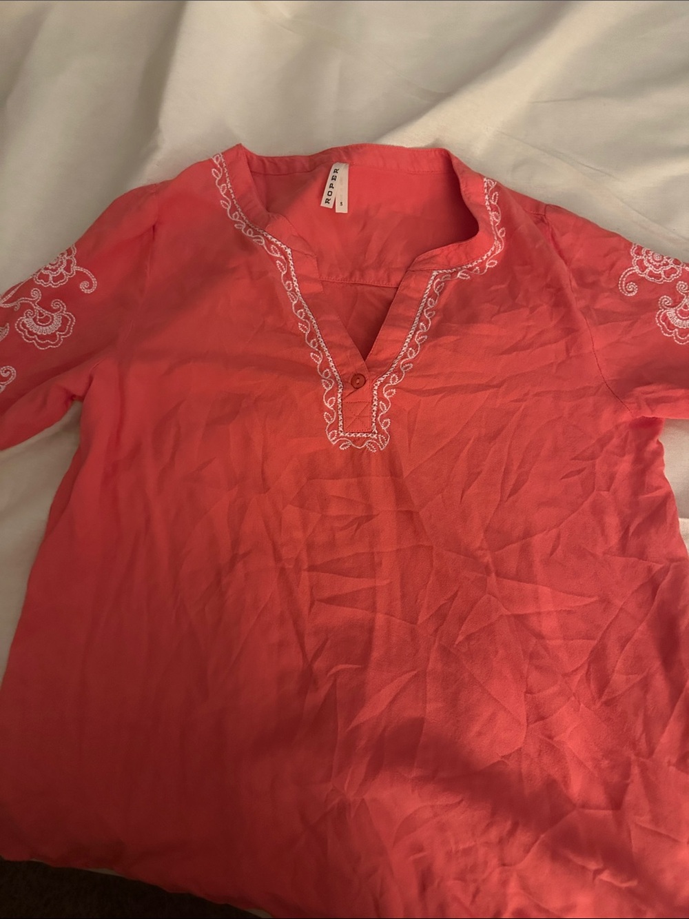 Roper Coral-Red Embroidered V-Neck Tunic